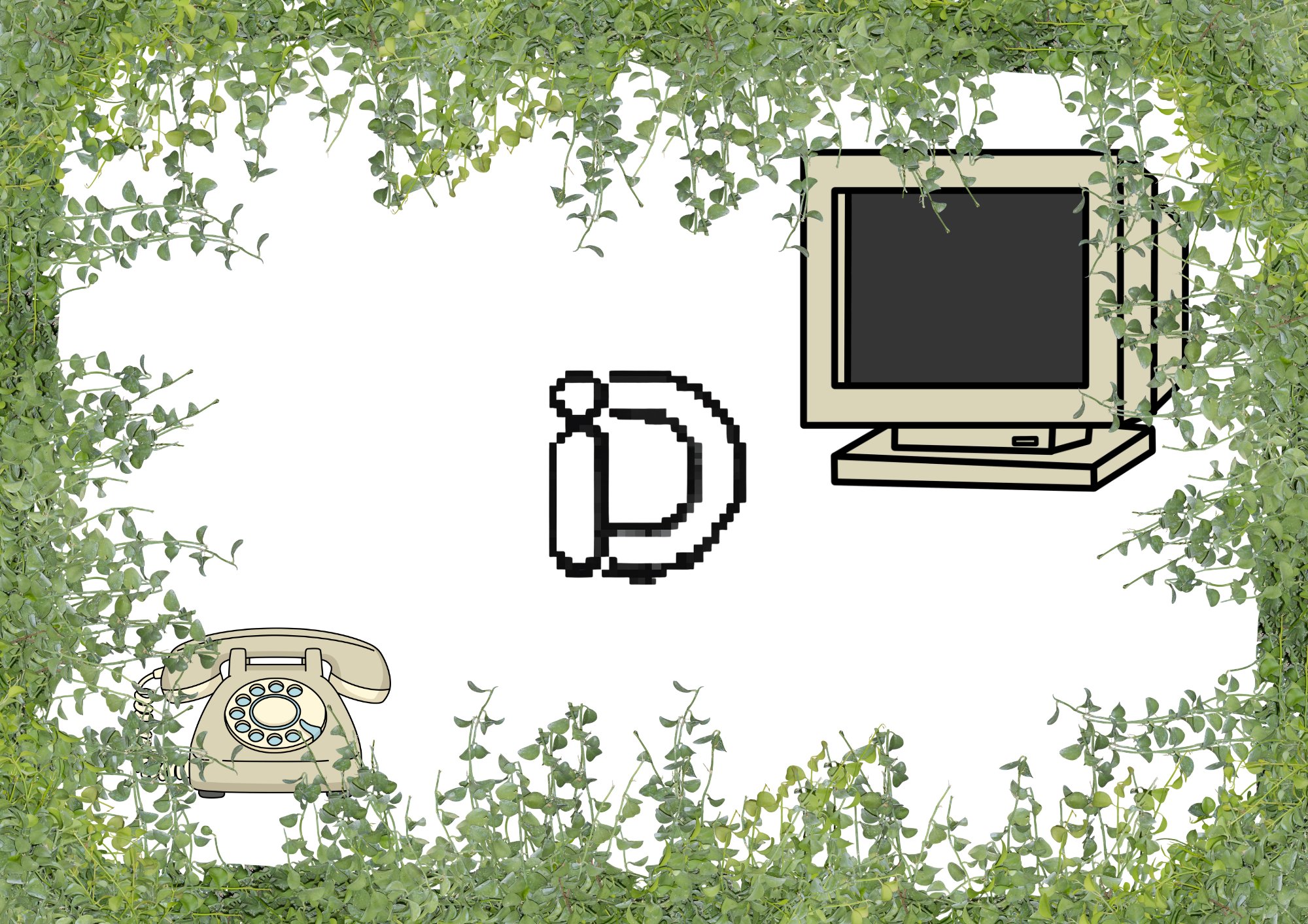 Illustration Dépanne-Info — ordinateur et téléphone dans la verdure
